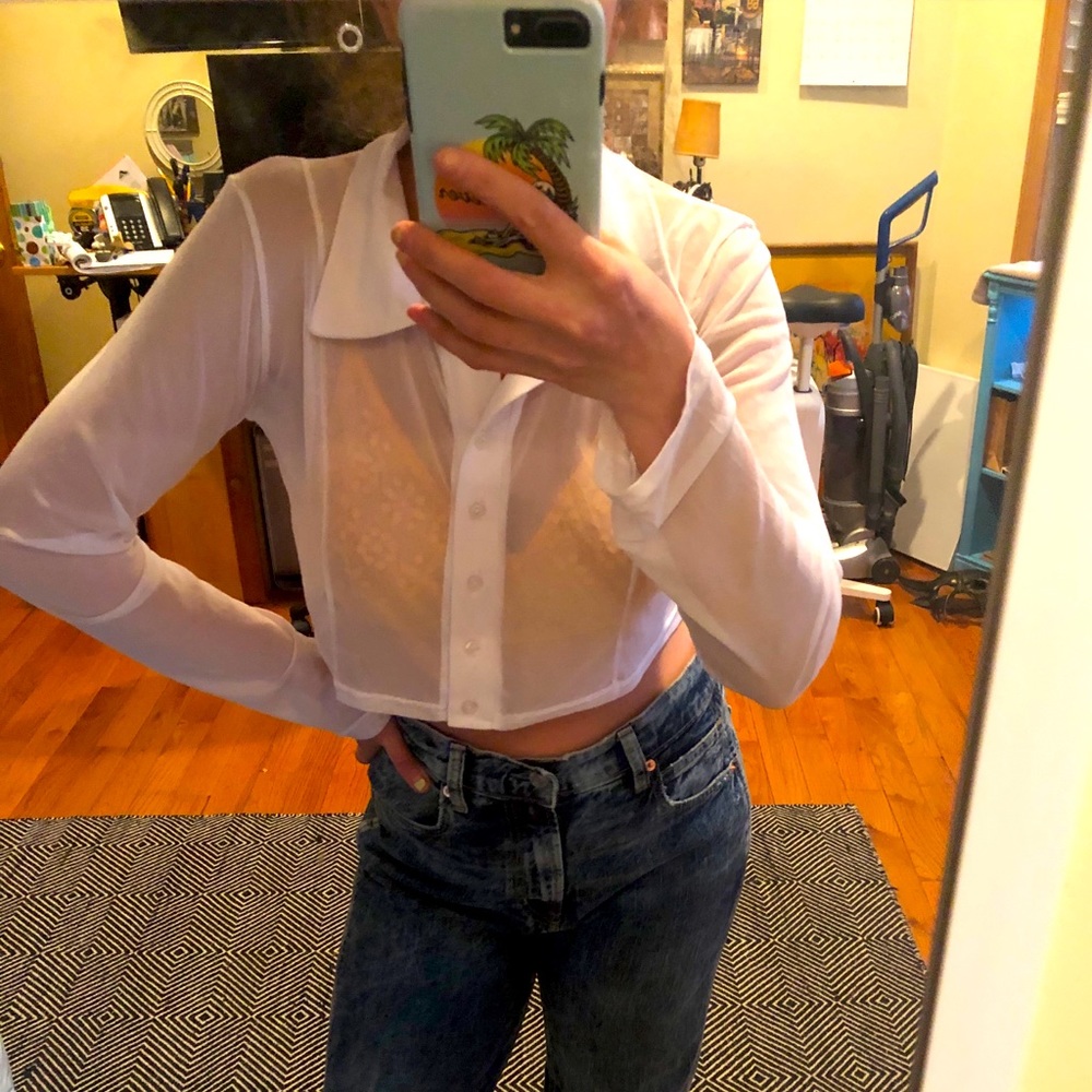 White shear button down crop